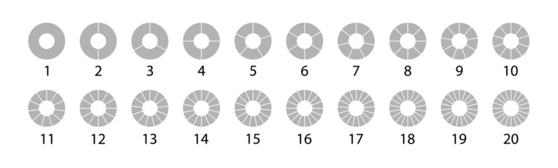Different round graphic Pie charts gray set. Vector round 20 section. Segmented circles set isolated on a white background.