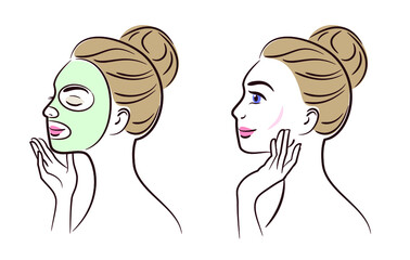 Vector face of a girl with a mask for the skin on the face, freehand drawing 