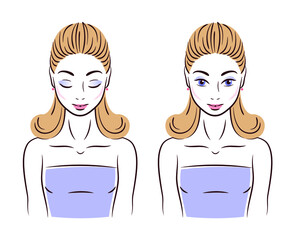 Vector girl face with makeup and hairstyle, freehand drawing 