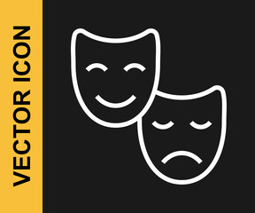 White line Comedy and tragedy theatrical masks icon isolated on black background. Vector