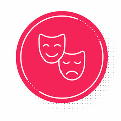 White line Comedy and tragedy theatrical masks icon isolated on white background. Red circle button. Vector