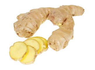 Ginger root and slices of ginger root, isolated on white background