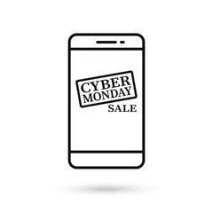 Mobile phone flat design with cyber monday sale icon.