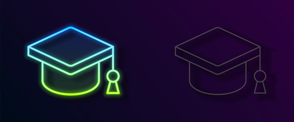 Glowing neon line Graduation cap icon isolated on black background. Graduation hat with tassel icon. Vector