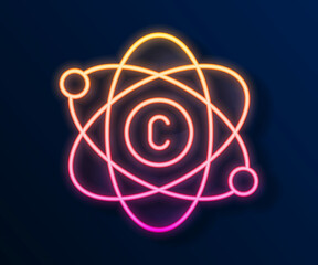 Glowing neon line Atom icon isolated on black background. Symbol of science, education, nuclear physics, scientific research. Vector