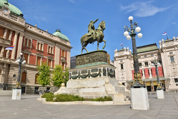 Fototapeta na wymiar Republic Square with the Prince Mihailo Monument, Belgrade City Centre, Serbia