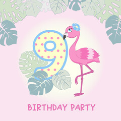 Birthday invitation with cute flamingo pattern