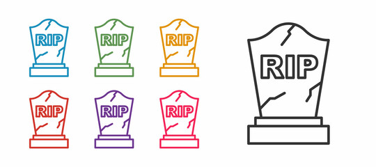 Set line Tombstone with RIP written on it icon isolated on white background. Grave icon. Happy Halloween party. Set icons colorful. Vector
