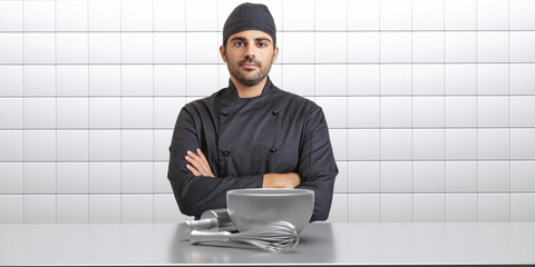 Chef cook in black uniform, kitchen interior background. 3d illustration
