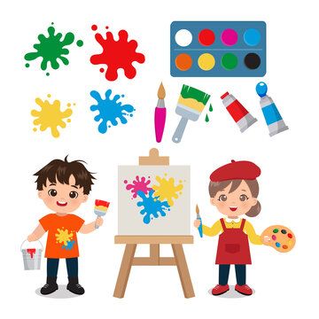 Cute little painter boy and girl clipart set. Flat vector cartoon design