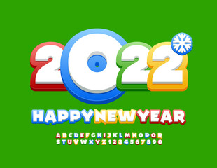 Vector Greeting Card Happy New Year 2022! Colorful and White Alphabet Letters and Numbers for Kids. Creative bright Font