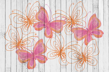 Colorful butterflies pencils drawing on white painted wooden panels, decorative texture