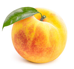 Korean Golden Peach fruits with leaf on white background, Honey Yellow Peach isolated on white background With clipping path.