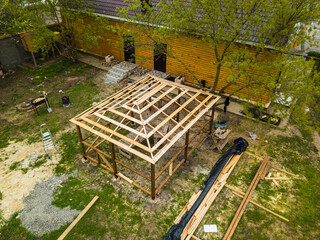 top view.construction site. the skeleton of the gazebo is made of wooden beams.