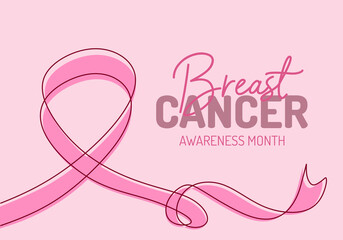 Continuous one single line of abstract of big pink ribbon isolated on pink background for National Breast Cancer Awareness month poster.