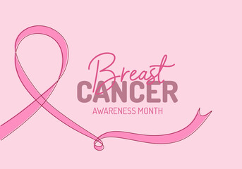 Continuous one single line of abstract of big pink ribbon isolated on pink background for National Breast Cancer Awareness month poster.