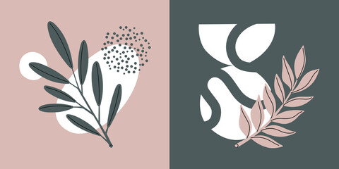 Fototapeta na wymiar Illustration in pastel colors. Abstract geometric elements and strokes, leaves and berries. Great design for social media, postcards, print