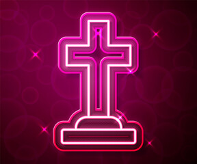 Glowing neon line Tombstone with cross icon isolated on red background. Grave icon. Happy Halloween party. Vector