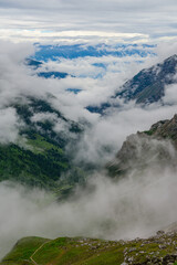 Pinnistal valley in Stubai Alps with the Elferspitze on the left in clouds.