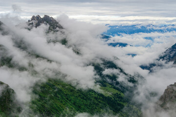 The Elferspitze (2505m) in Stubai Alps in Austria in clouds. 
