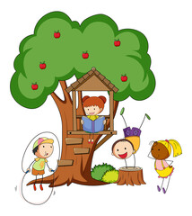 Many kids doing different activity with a big tree isolated
