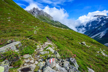 The Elferspitze (2505m) in Stubai Alps in Austria in clouds. 