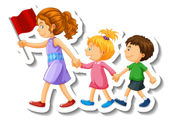 Sticker template with a teacher and children walking in a line