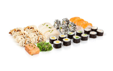 Set of sushi on white background. Fresh seafood. Asian food