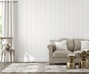 Farmhouse living room interior background, wall mockup, 3d render © artjafara