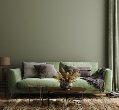 Home interior mock-up with green sofa, table and decor in living room, 3d render