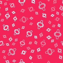 White line Diamond engagement ring icon isolated seamless pattern on red background. Vector