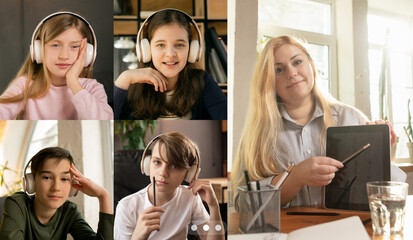 Collage. Group of kids, students studying by group video call, use video conference with each other and teacher. Online education, post-pandemic concept