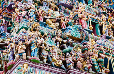 SINGAPORE, SINGAPORE - MARCH 2019: Intricate Hindu art and deity carvings on the facade of Sri Veeramakaliamman Temple in Little India, Singapore.