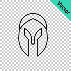 Black line Medieval iron helmet for head protection icon isolated on transparent background. Knight helmet. Vector