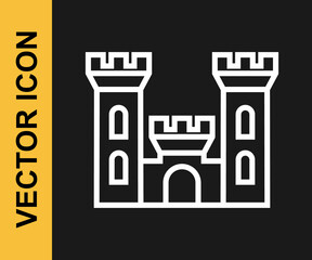 White line Castle icon isolated on black background. Medieval fortress with a tower. Protection from enemies. Reliability and defense of the city. Vector