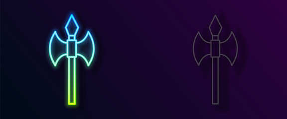 Glowing neon line Medieval axe icon isolated on black background. Battle axe, executioner axe. Medieval weapon. Vector