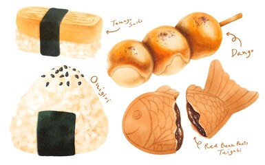 Set of Japanese food watercolor hand painted elements illustrations
