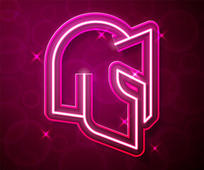 Glowing neon line Medieval iron helmet for head protection icon isolated on red background. Knight helmet. Vector