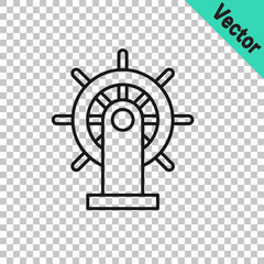 Black line Ship steering wheel icon isolated on transparent background. Vector