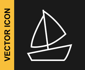 White line Yacht sailboat or sailing ship icon isolated on black background. Sail boat marine cruise travel. Vector