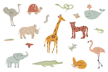 Big set Cute African animals. Ostrich, Rhino, Cheetah, Turtle, Elephant, Giraffe, Snake, Flamingo, Caterpillar, Lizard, fox, Crocodile. Isolated on white. Boho trendy illustration, hand drawn texture.