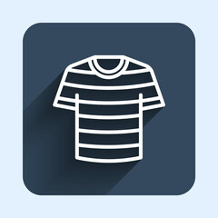 White line Striped sailor t-shirt icon isolated with long shadow background. Marine object. Blue square button. Vector