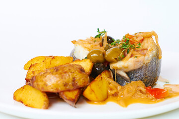 dish fried potatoes with fish