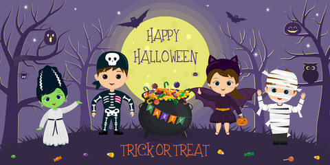Happy Halloween. Halloween kids characters in different costumes on the background of the full moon and trees at night. Cartoon, vector.