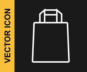 White line Paper shopping bag icon isolated on black background. Package sign. Vector