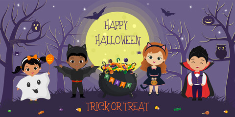 Happy Halloween. Halloween kids characters in different costumes on the background of the full moon and trees at night. Cartoon, vector.