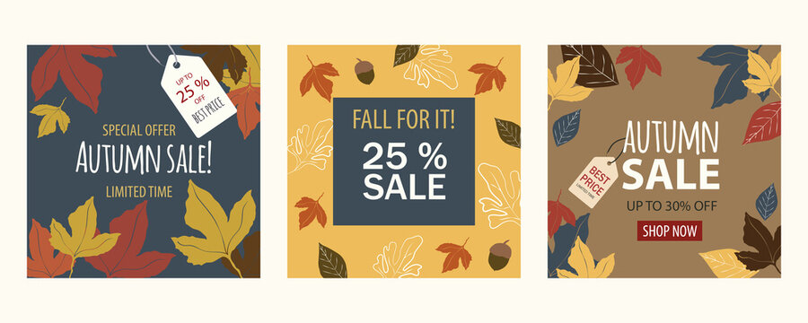 Autumn season sales banners. Set of square offer leaflets with fall leaves, labels and discount texts. Blue, golden, brown, orange and red tones. Maple leaf backgrounds. Vectorized and flat design. 