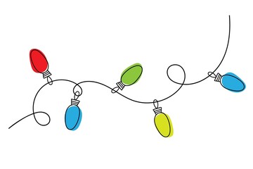 Colorful glow light lamp on wire strings.Christmas Lights bulbs garland for holiday, merry christmas and happy new year greeting card, party decoration, template. Christmas glowing garland.