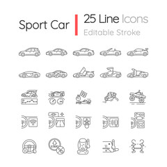 Auto racing linear icons set. Driving sports cars. Innovative tech features. Exterior design. Customizable thin line contour symbols. Isolated vector outline illustrations. Editable stroke