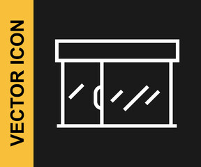 White line Shopping building or market store icon isolated on black background. Shop construction. Vector